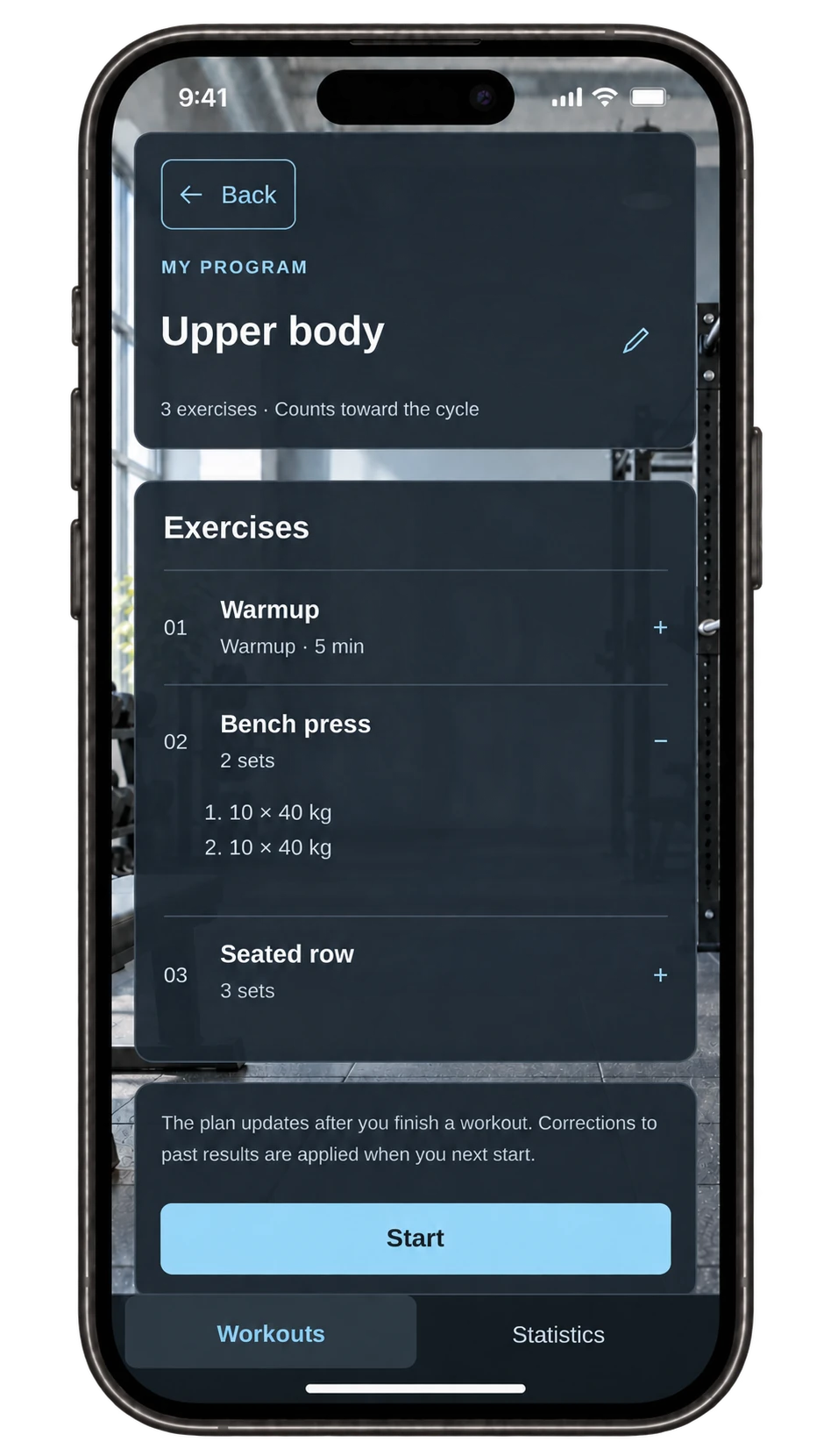 Workout program on an iPhone screen: warmup, bench press with two sets of 10 reps at 40 kg, seated row and starting a session
