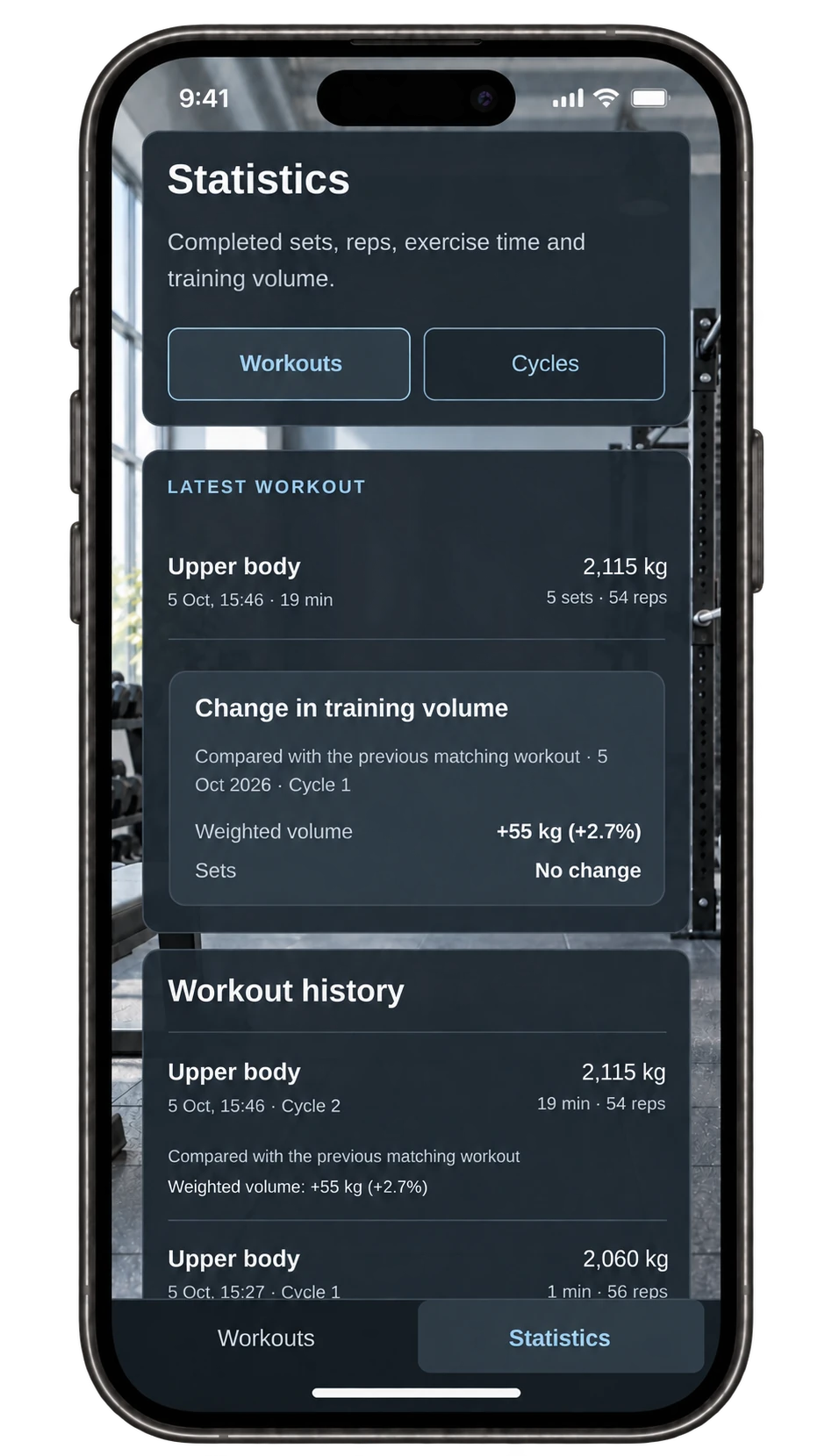 Statistics on an iPhone screen: Upper body workout history, comparing volumes of 2,060 and 2,115 kg with a 55 kg increase