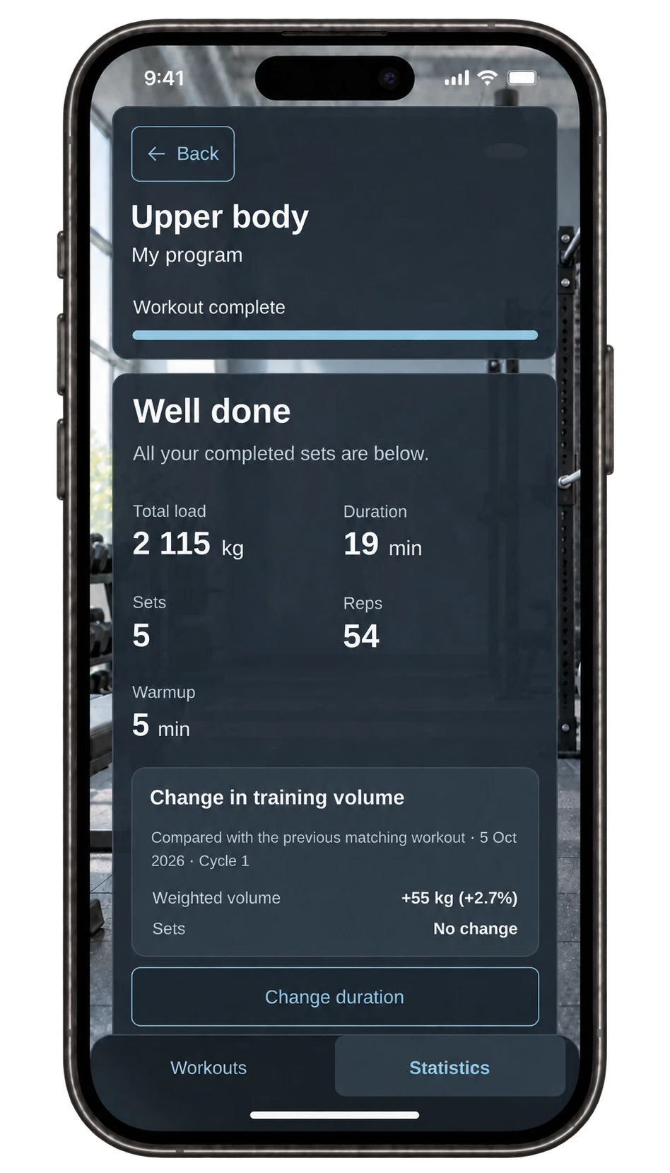 Session result on an iPhone screen: 2,115 kg of training volume, 19 minutes, five sets, 54 reps and a load comparison