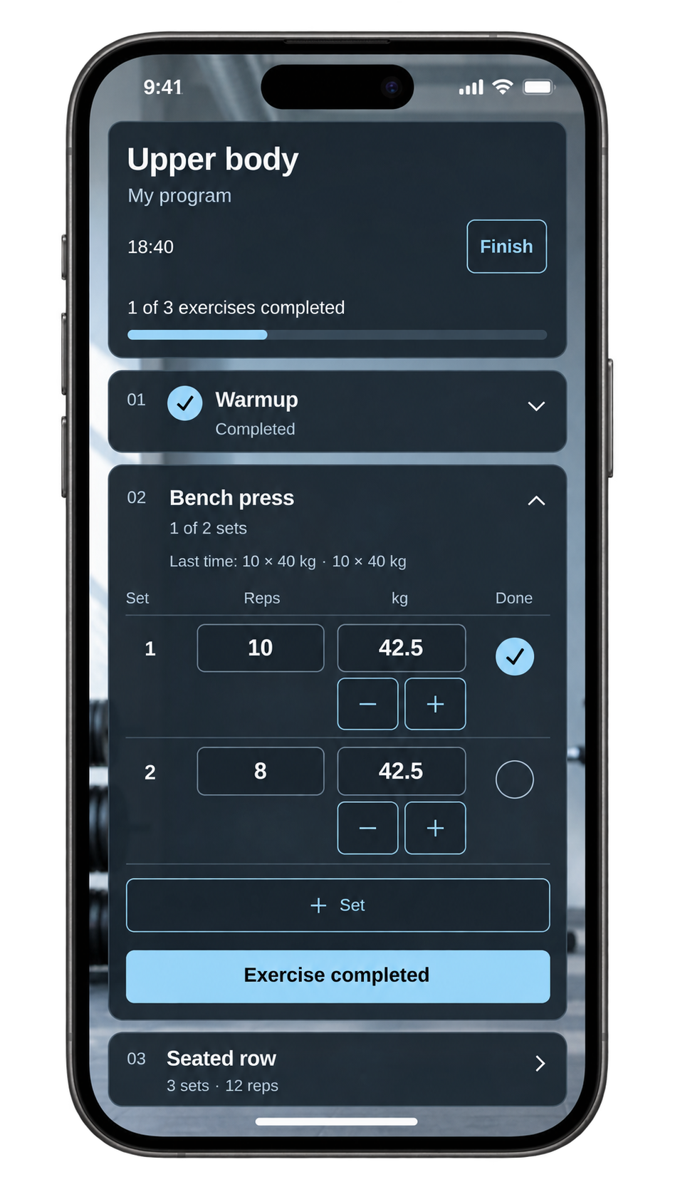 Diary on an iPhone screen: warmup, bench press with previous results, reps, weights and a completed set, then a seated row